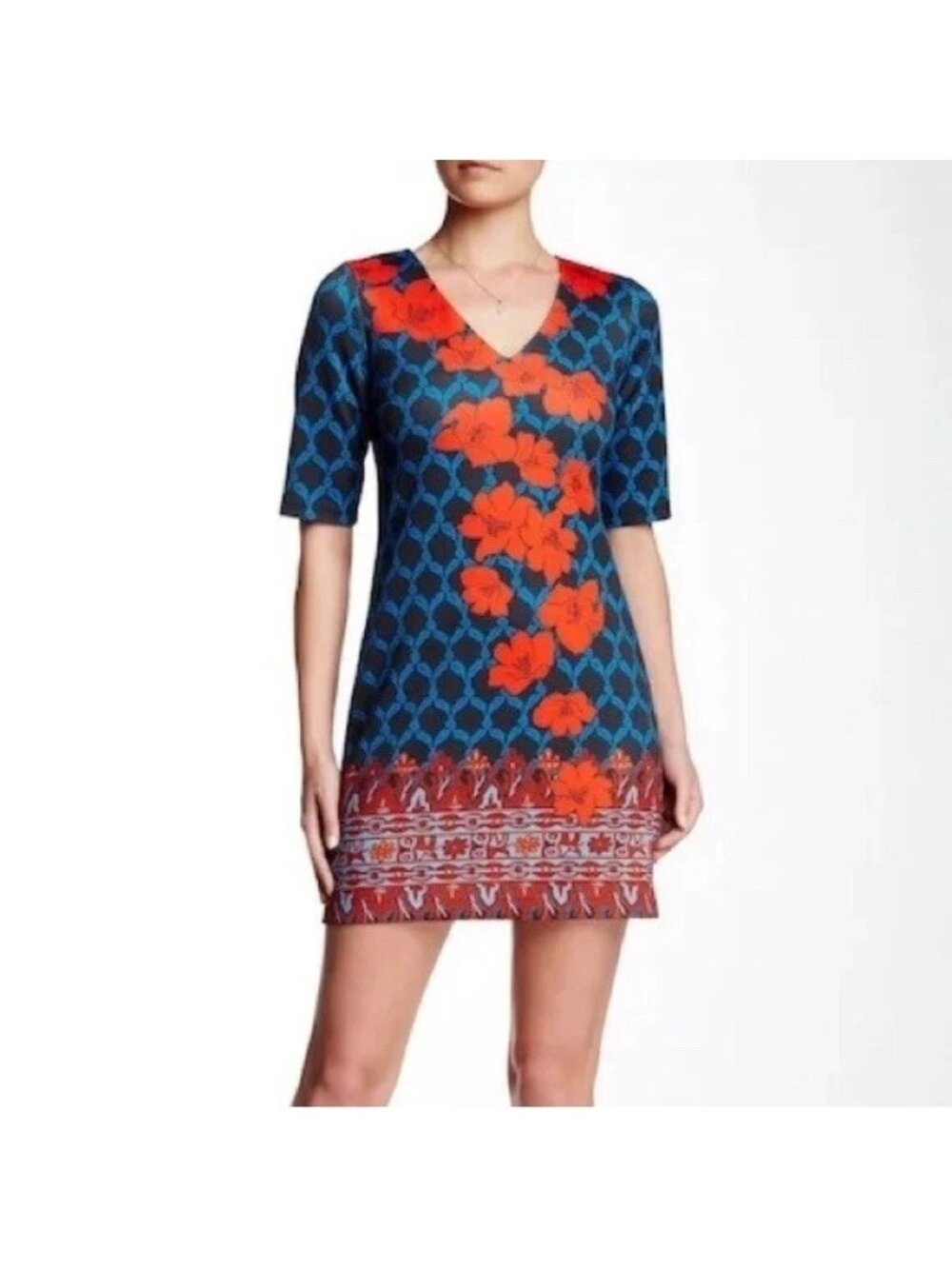 Plenty by Tracy Reese Size 6P Blue Red Juana Trellis Border Mini Shift Dress